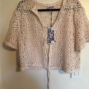Future Collective Cream Crochet Crop Top with Front Tie